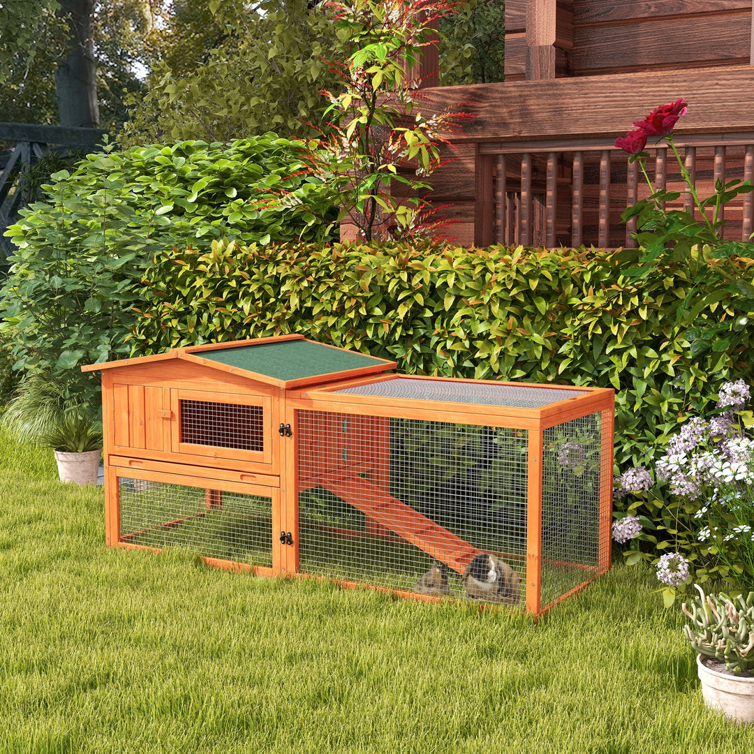 PawHut Rabbit Hutch and Run Outdoor Bunny Cage Wooden Guinea Pig Hide House with Sliding Tray, Hay Rack, Ramp, 156 x 58 x 68cm