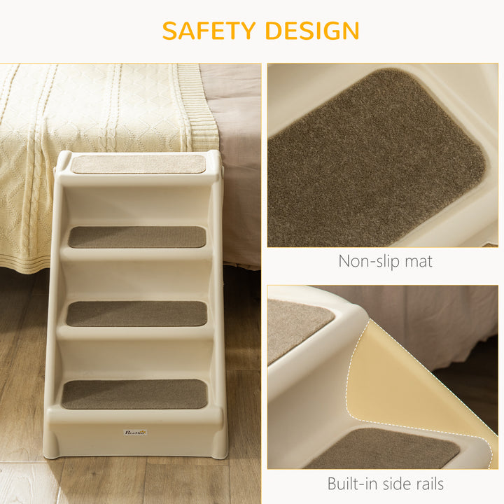 PawHut Foldable Pet Stairs, 4-Step for Cats Small Dogs with Non-slip Mats, 62 x 38 x 49.5 cm, Beige