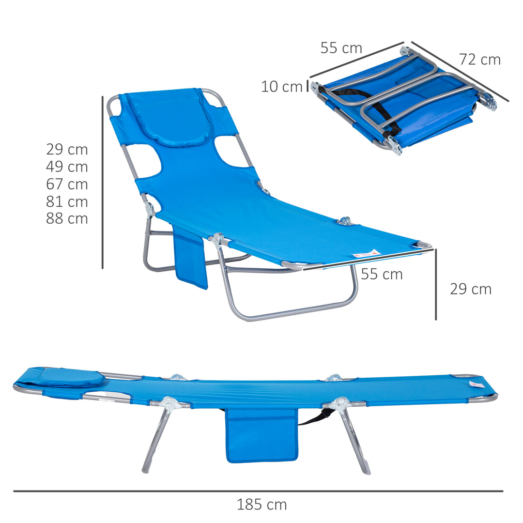 Beach Chaise Lounge with Face Cavity & Arm Slots, Portable Sun Lounger, Reclining Lounge Chair 5-position Adjustable Backrest, Blue