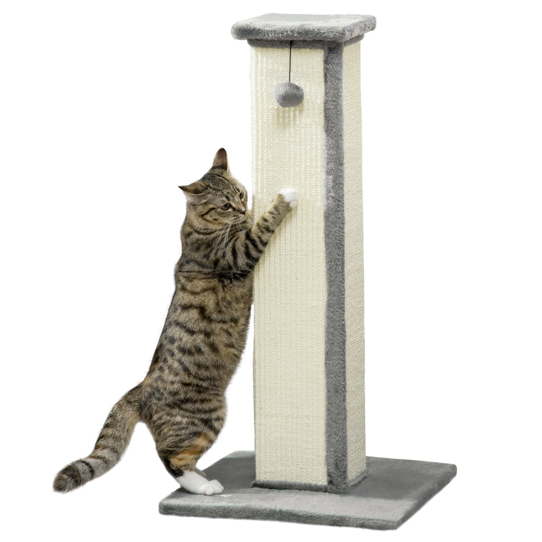 PawHut 81cm Cat Scratcher, Vertical Full Scratcher with Natural Sisal Rope, Hanging Ball and Soft Plush, Grey