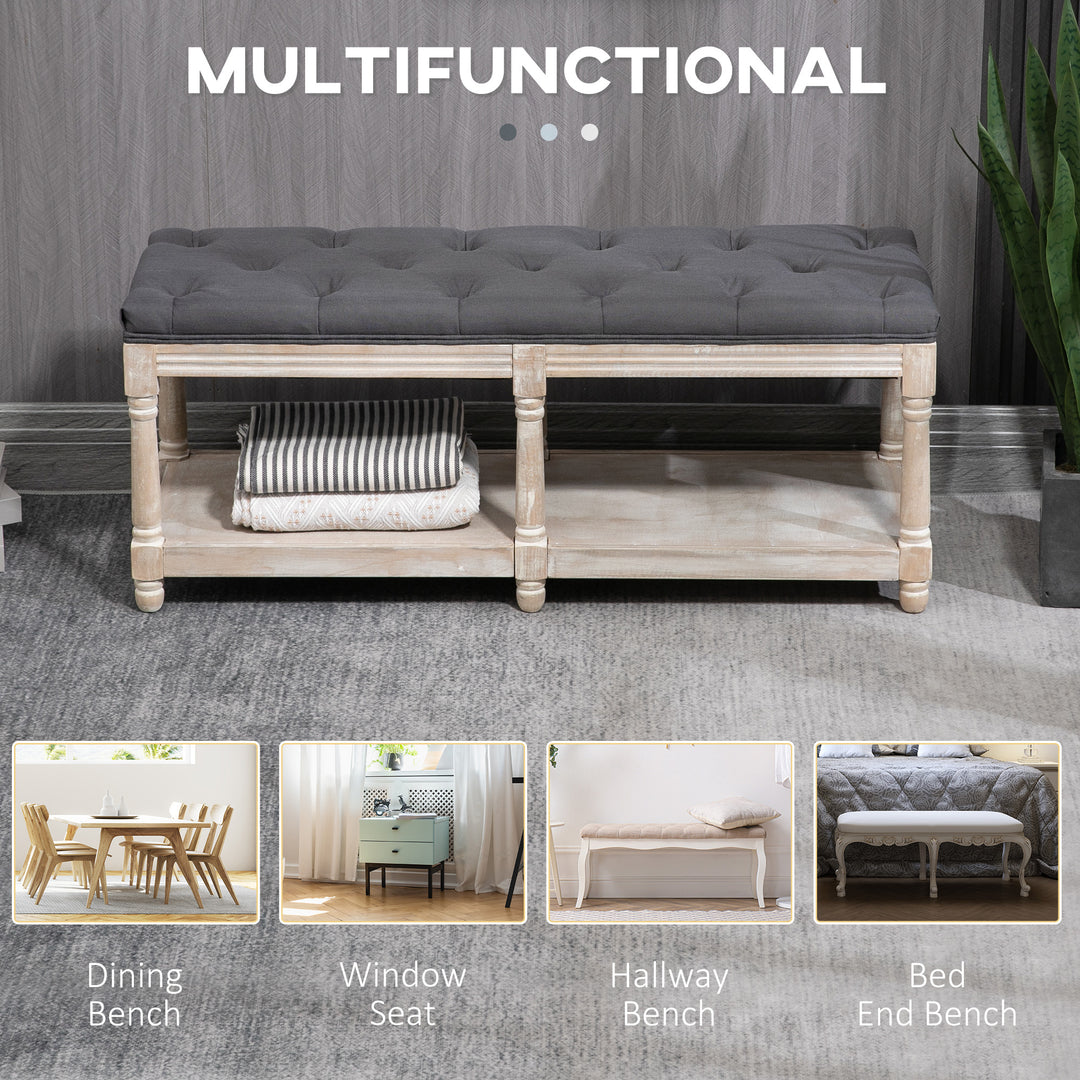HOMCOM 2 Tier Shoe Rack Bench with Button Tufted Upholstered Cushion, Vintage Bed End Bench, Wooden Window Seat for Hallway, Living Room, Bedroom-Grey