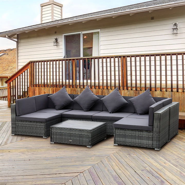 Outsunny 7 Pieces Patio Wicker Sofa Set, Outdoor PE Rattan Sectional Furniture Set w/ Acacia Table Top &amp; Cushion for Garden, Backyard, Grey