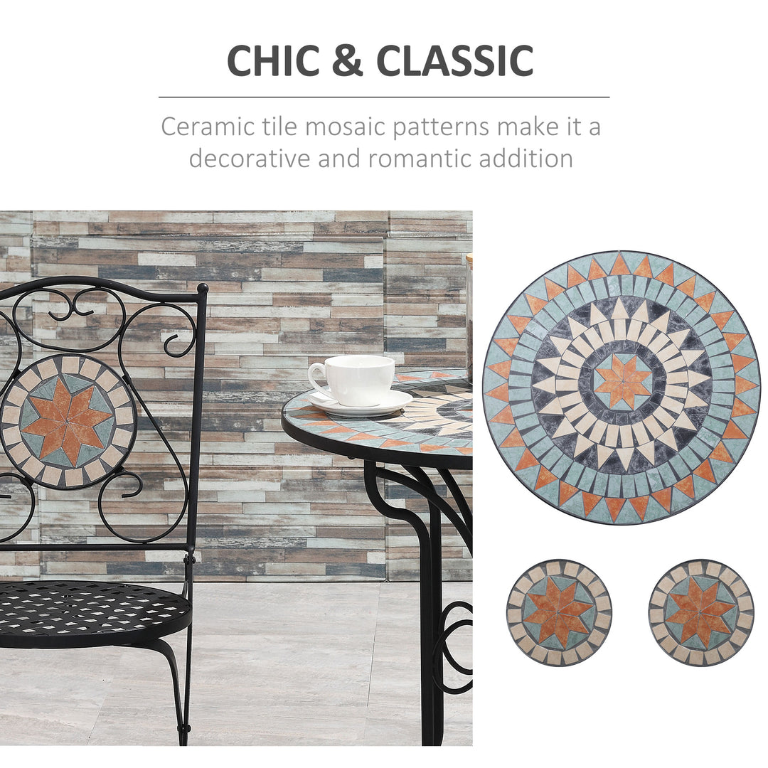 3 Piece Garden Bistro Set, Folding Patio Chairs and Mosaic Round Tabletop for Outdoor, Metal, Balcony, Poolside, Light Blue