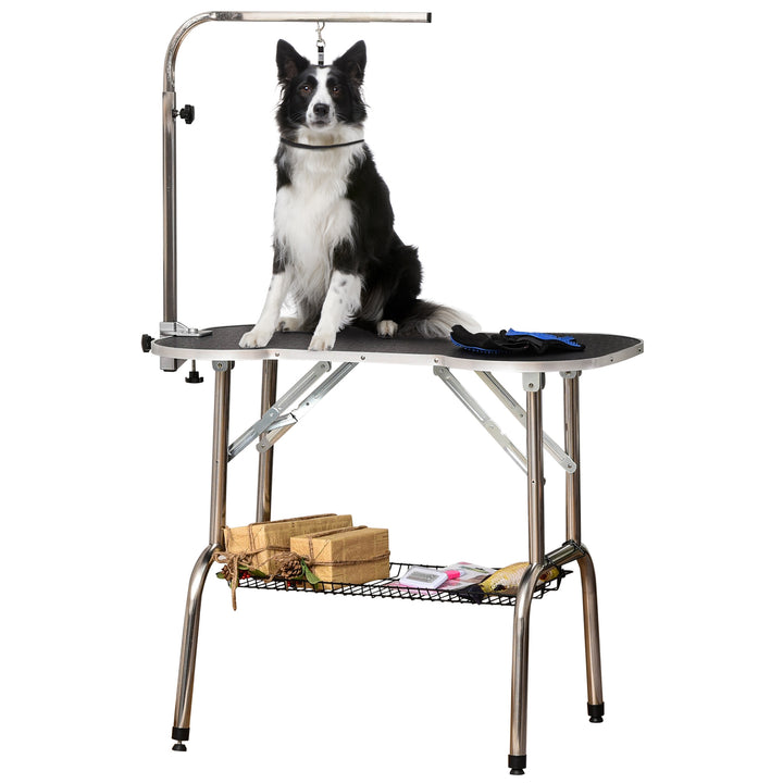 PawHut Foldable Pet Grooming Table Dog Drying Table with Adjustable Arm Non-Slip Rubber Tabletop Aluminium Alloy Edge Stainless Steel Bar Sling Black