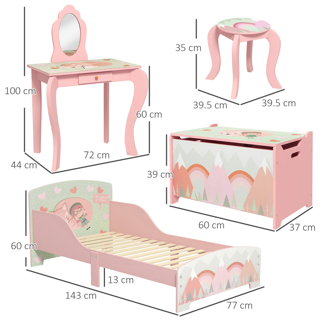 Kids Bedroom Furniture Set Includes Bed Frame, Toy Chest, Dressing Table for Ages 3-6 Years - Pink