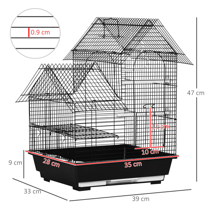 PawHut Metal Bird Cage with Stand for Parrot Cockatiel Budgie Finch Canary Food Containers Swing Ring Tray Handle Small Black 39 x 33 x 47 cm