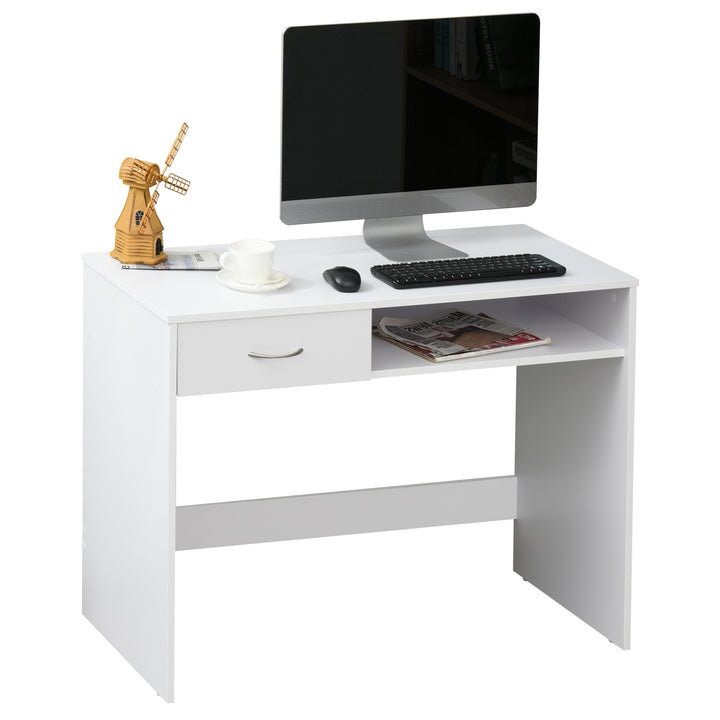 HOMCOM Modern Computer Work Desk Table Study w/ Shelf Drawer Standing Writing Station Display Stylish Storage Compact White