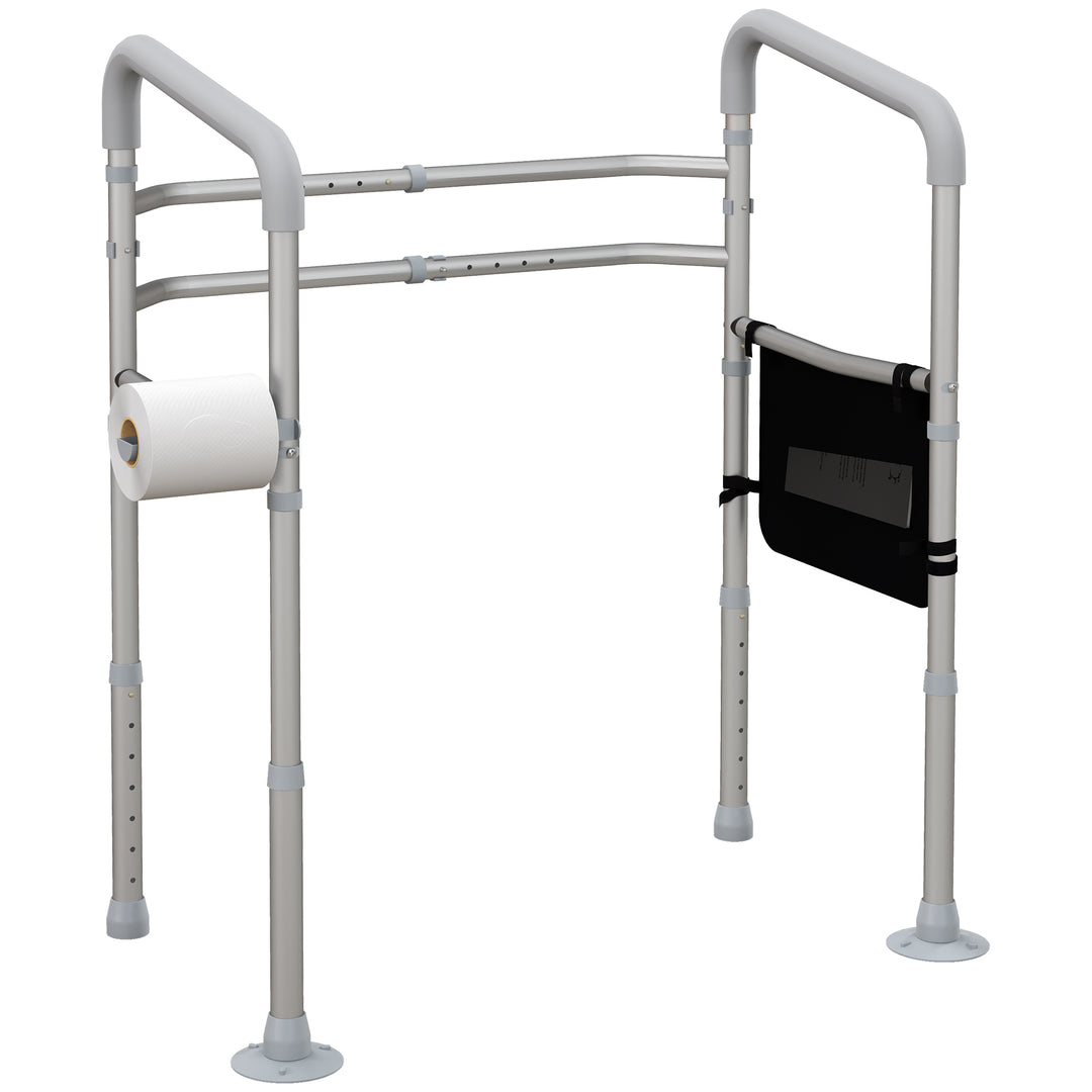 Free Standing Toilet Frame, Height and Width Adjustable Toilet Safety Frame with Arms, 2 Additional Suction Cups, Storage for Elderly, Senior, Disabled, Handrail Grab Bar, 136kg Weight Capacity