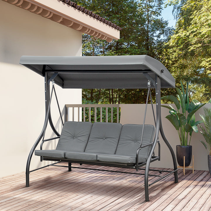 3 Seater Canopy Swing Chair, 2 in 1 Garden Swing Seat Bed, with Adjustable Canopy and Metal Frame, Dark Grey