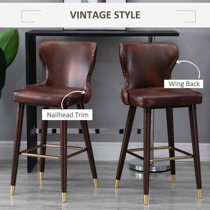 Bar Stools Set of 2, PU Leather Vintage Counter-Height Bar Chair, Luxury European Style Kitchen Stools with Back, Brown