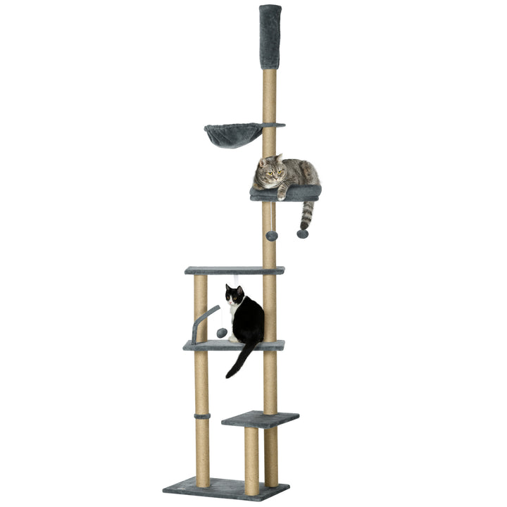 PawHut Floor to Ceiling Cat Tree for Indoor Cats, 6-Tier Play Tower Climbing Activity Center with Scratching Post, Platforms, Bed, Hammock, Adjustable Height 230-250cm, Grey