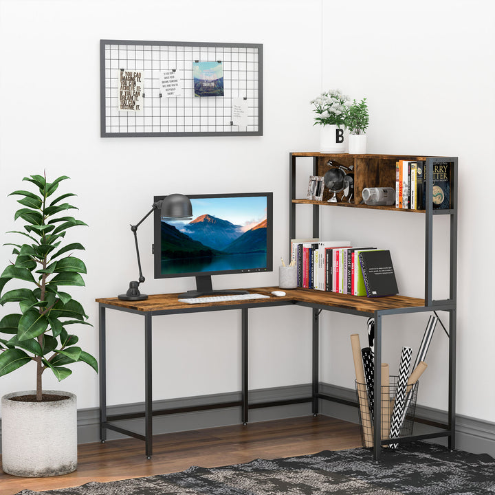 Industrial L-Shaped Work Desk & Storage Shelf Steel Frame Adjustable Feet Corner Workstation Home Office Study Stylish Brown Black