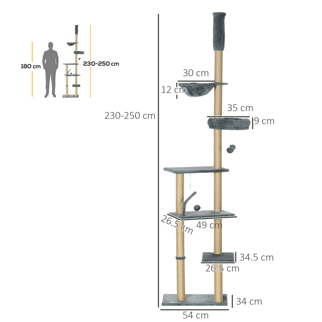 PawHut Floor to Ceiling Cat Tree for Indoor Cats, 6-Tier Play Tower Climbing Activity Center with Scratching Post, Platforms, Bed, Hammock, Adjustable Height 230-250cm, Grey