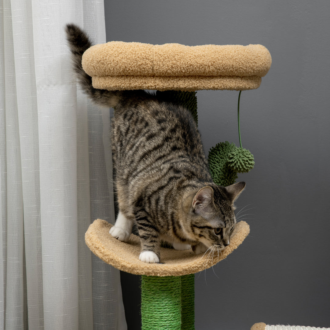 PawHut 72cm Cat Tree, Kitty Activity Center, Wooden Cat Climbing Toy, Cat Tower with Bed Ball Toy Sisal Scratching Post Curved Pad, Yellow