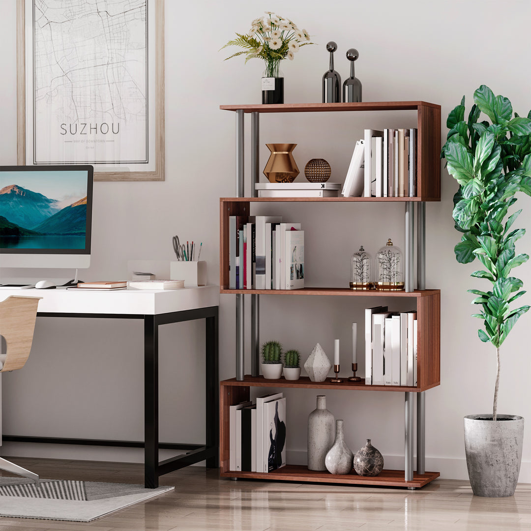 4-Tires Wooden Bookcase S Shape Storage Bookshelf Display for Living Room, Bedroom, Office with Steel Frame, Walnut