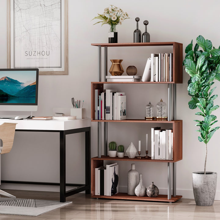 4-Tires Wooden Bookcase S Shape Storage Bookshelf Display for Living Room, Bedroom, Office with Steel Frame, Walnut