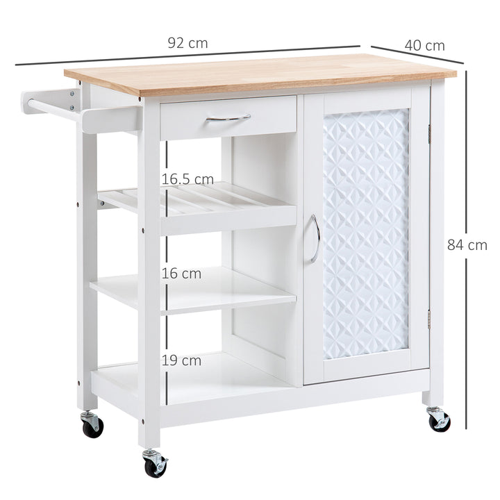 Kitchen Cart on Wheels with Embossed Door Panel, Utility Kitchen Island with Storage Drawer, White