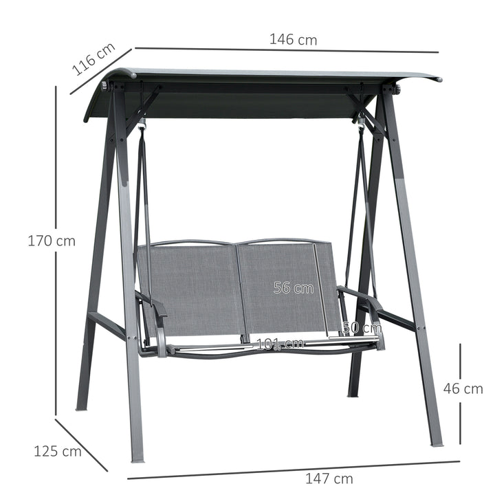 2 Seater Garden Swing Chair, Outdoor Canopy Swing Bench with Adjustable Shade and Metal Frame, Dark Grey