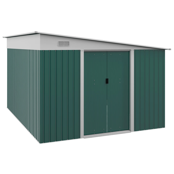 Garden Metal Storage Shed Tool House with Double Sliding Doors, 11.3x9.2ft, Green