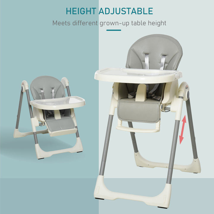 Foldable Baby High Chair Convertible to Toddler Chair Height Adjustable with Removable Tray 5-Point Harness Mobile with Wheels Grey