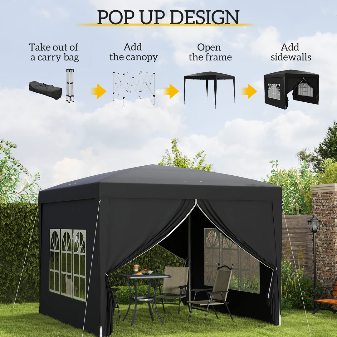 Outsunny 3 x 3 Meters Pop Up Water Resistant Gazebo Wedding Camping Party Tent Canopy Marquee with Carry Bag and 2 Windows, Black