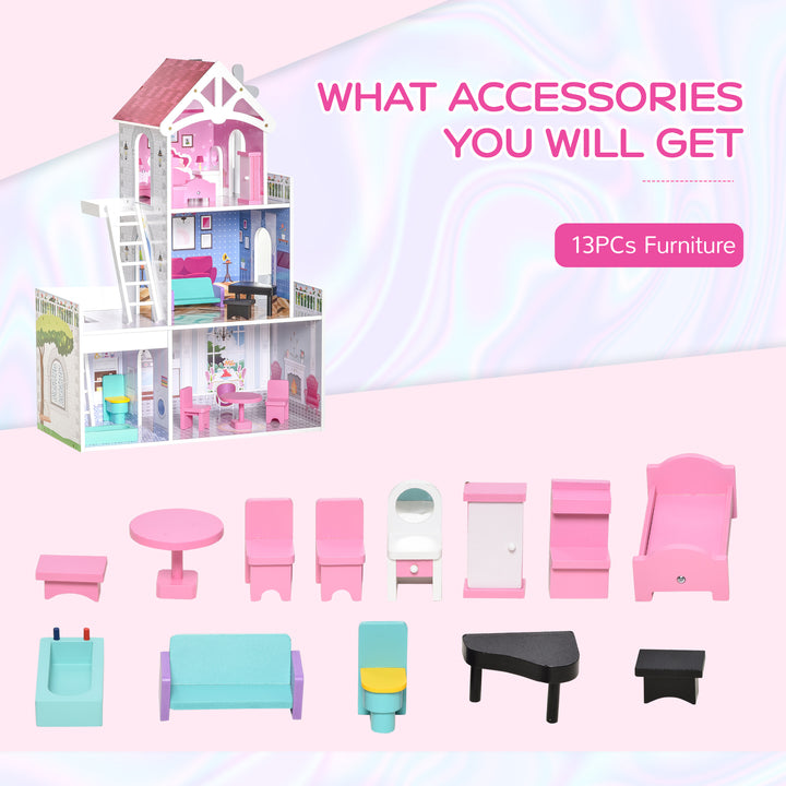 Kids Dollhouse Dreamhouse Villa for Toddler Girls Multi-level House for Children with Furniture Accessories Kit Pink