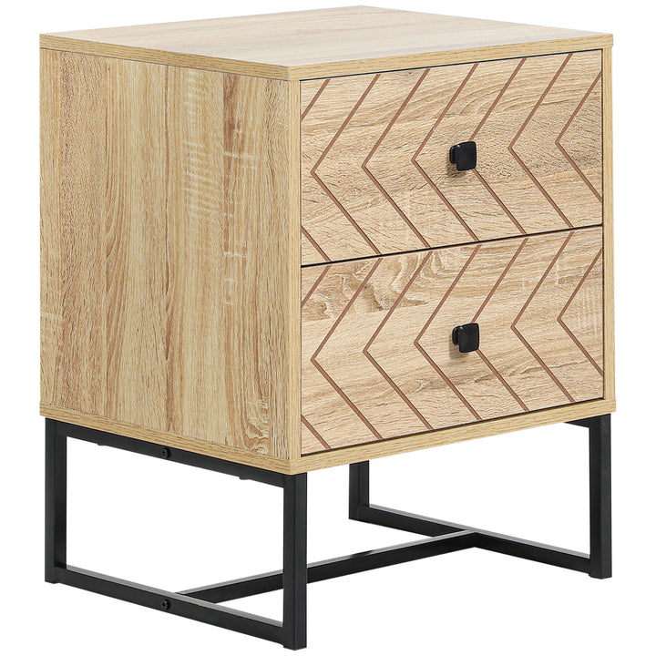 Bedside Table Nightstand Two-Draw Bedroom Storage Unit Unique Zig Zag Design w/ Black Metal Handles Melamine Finish