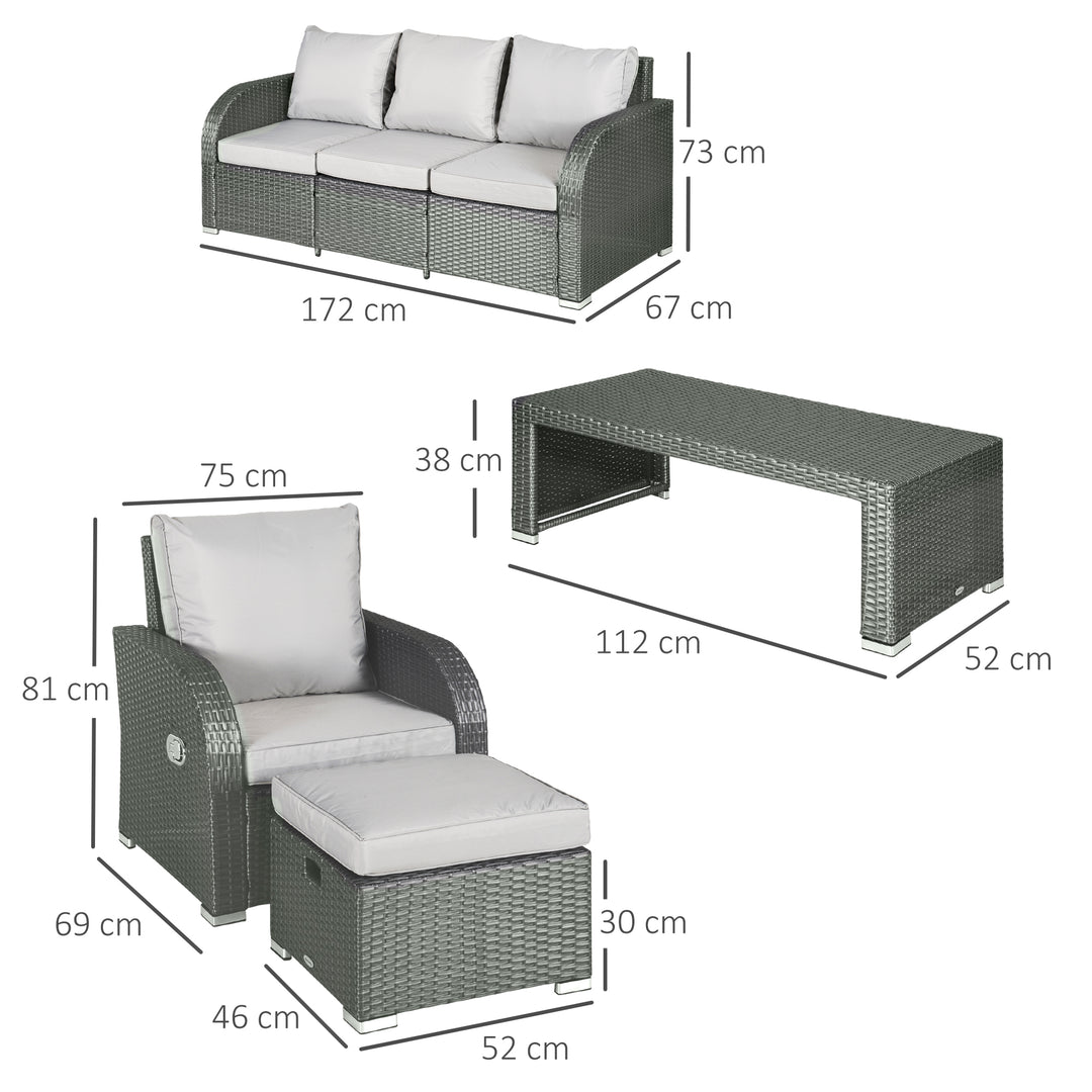 7-Seater Rattan Garden Furniture w/ Coffee Table Footstool Space-saving Patio Wicker Weave Reclining Chair Set, Light Grey