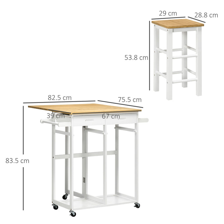 Kitchen Island Set with 2 Stools, Bamboo Breakfast Cart with Drop Leaf Top, Drawers and Towel Rack, Rolling Kitchen Cart and Chairs Set, White