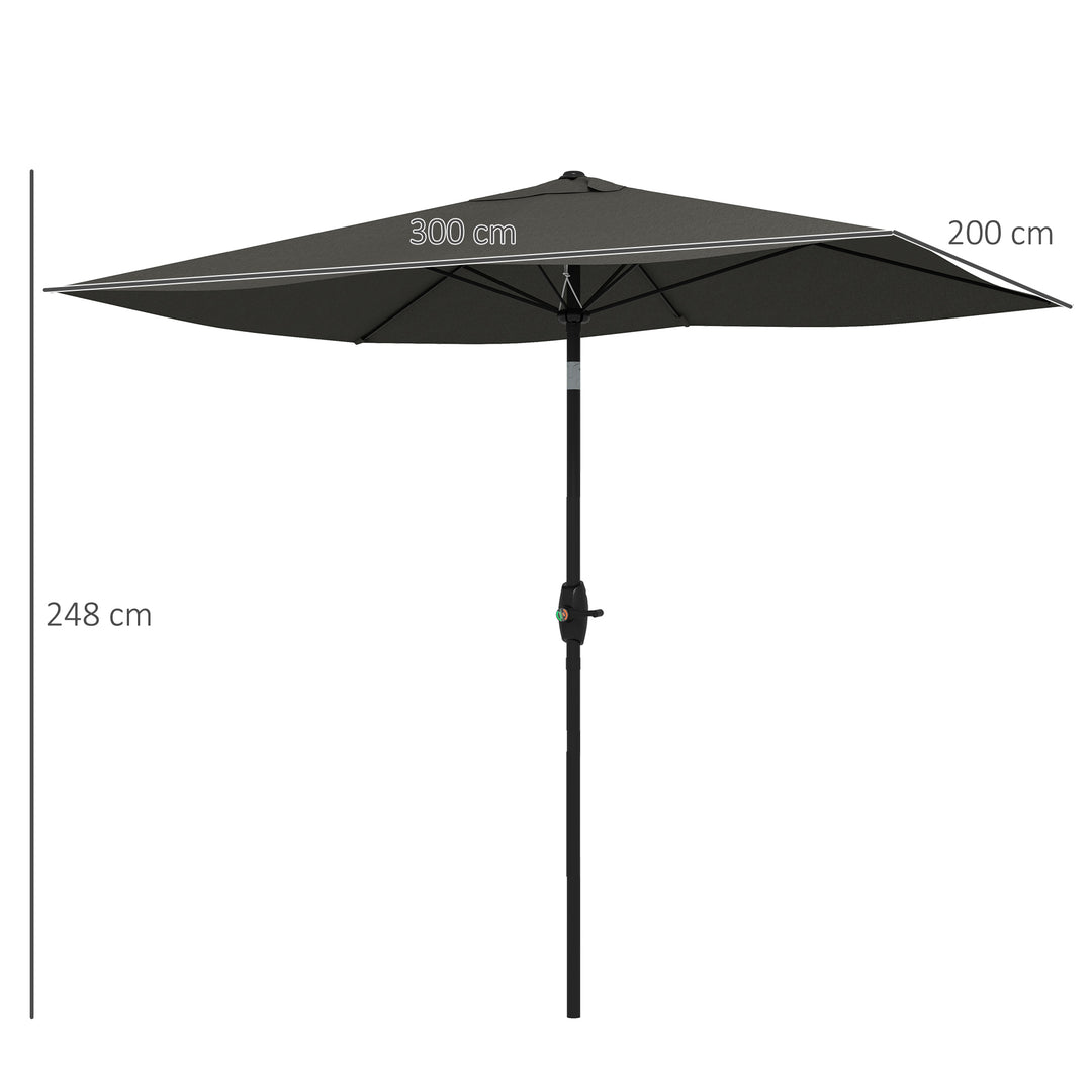 Outsunny 2 x 3(m) Garden Parasols Umbrellas Rectangular Patio Market Umbrella Outdoor Sun Shade w/ Crank &amp; Push Button Tilt, Aluminium Pole Dark Grey