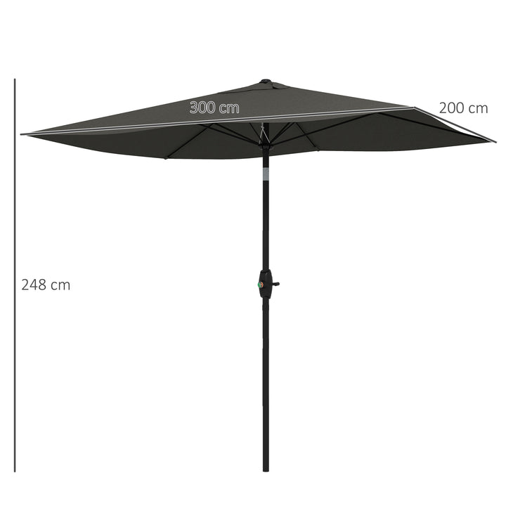 Outsunny 2 x 3(m) Garden Parasols Umbrellas Rectangular Patio Market Umbrella Outdoor Sun Shade w/ Crank &amp; Push Button Tilt, Aluminium Pole Dark Grey
