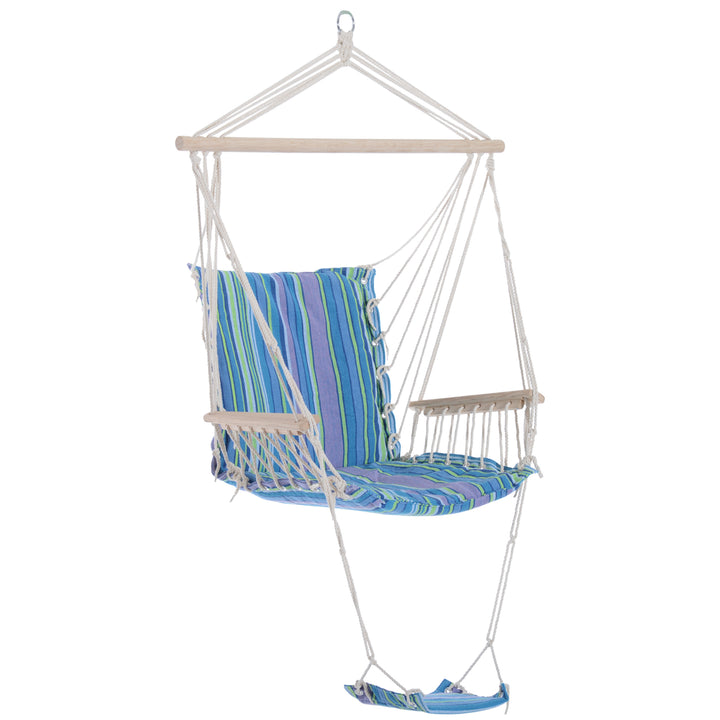 Outsunny Outdoor Hammock Hanging Rope Chair Garden Yard Patio Swing Seat Wooden w/ Footrest Armrest Cotton Cloth (Blue)