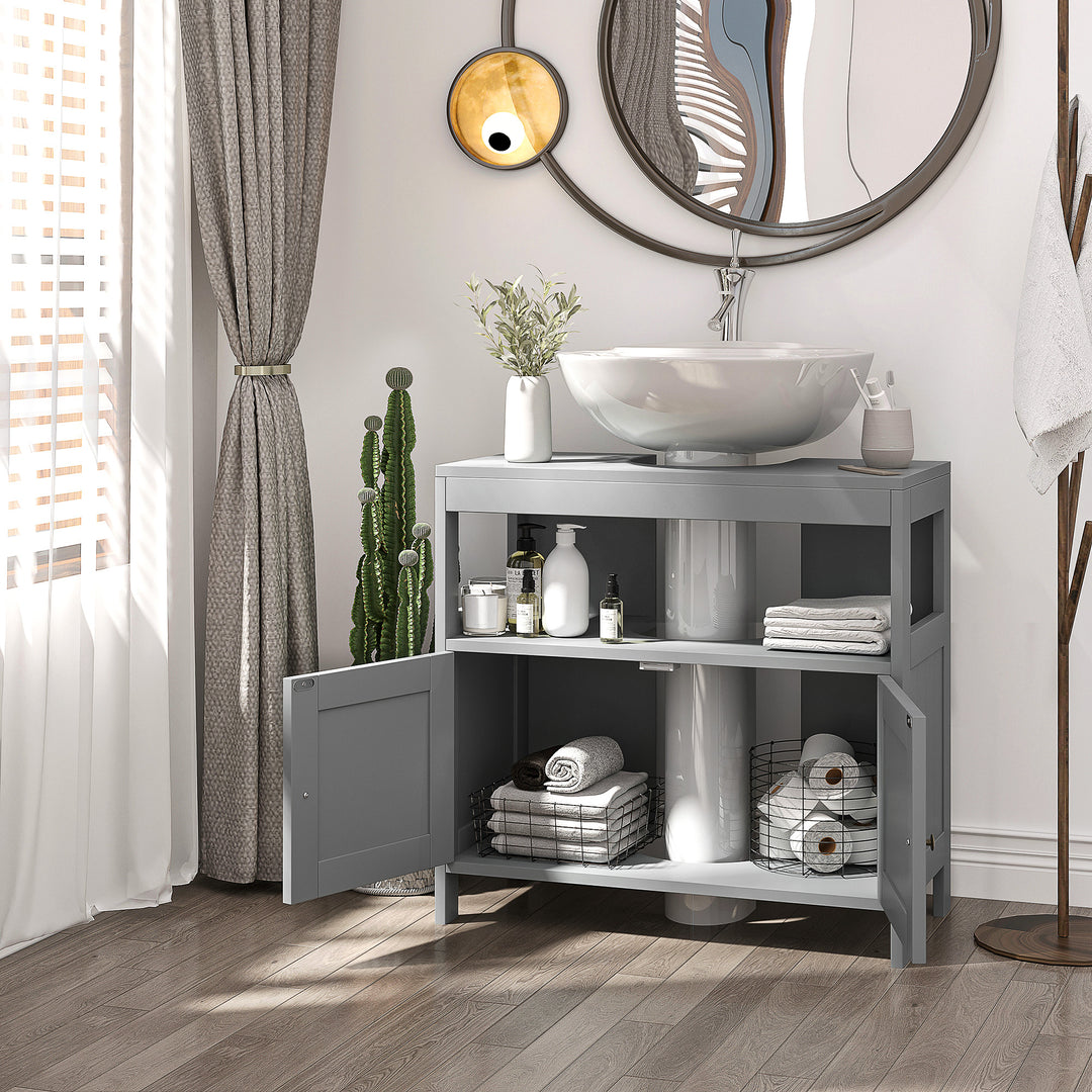 Pedestal Under Sink Cabinet with Double Doors, Modern Bathroom Vanity Storage Unit with Shelves, Light Grey