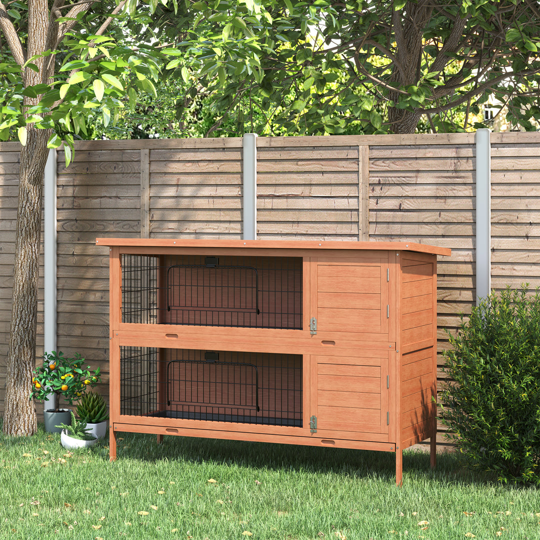 PawHut Double Decker Rabbit Hutch 4FT Guinea Pig Cage with No Leak Trays for Outdoor, Orange