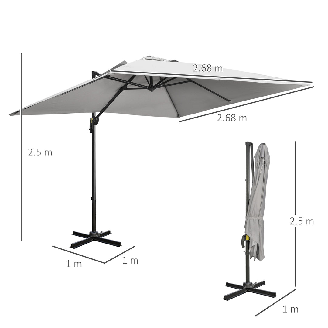 2.7 x 2.7 m Cantilever Parasol, Square Overhanging Umbrella with Cross Base, Crank Handle, Tilt, 360° Rotation and Aluminium Frame, Grey