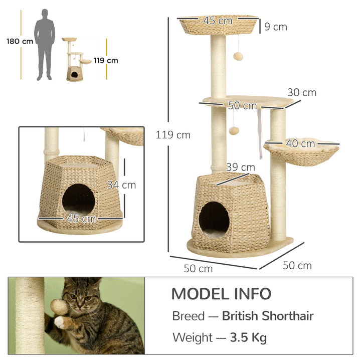 Cat Tree Tower for Indoor Cats, Climbing Activity Centre, Kitten Furniture with Cattail Fluff Bed House, Sisal Scratching Post, Hanging Ball, 50 x 50 x 119cm, Natural