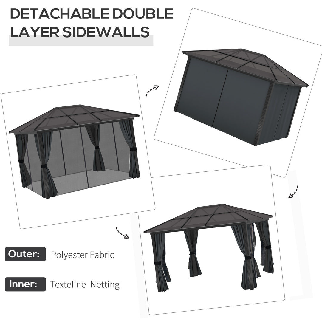 Outsunny 3.6 x 3(m) Hardtop Gazebo with UV Resistant Polycarbonate Roof & Aluminium Frame, Garden Pavilion with Mosquito Netting and Curtains