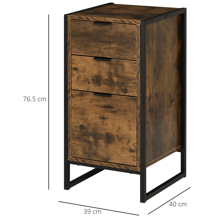 Industrial 3-Drawer Cabinet Nightstand Metal Frame Freestanding Unit, Perfect for Bedroom Living Room, Brown
