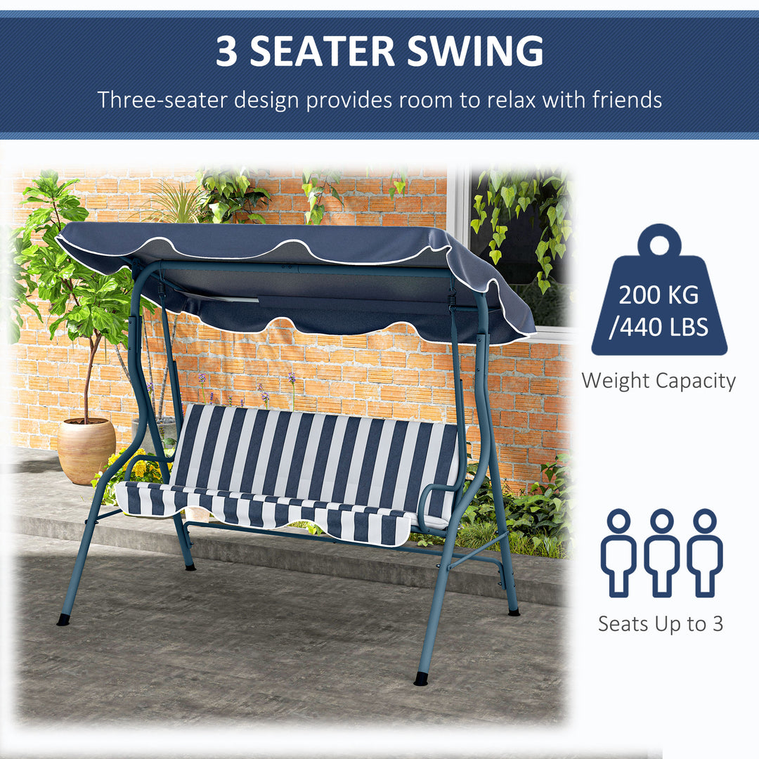 3 Seater Garden Swing Chair_ Outdoor Garden Bench with Adjustable Sun Cover and Metal Frame - Blue Stripes