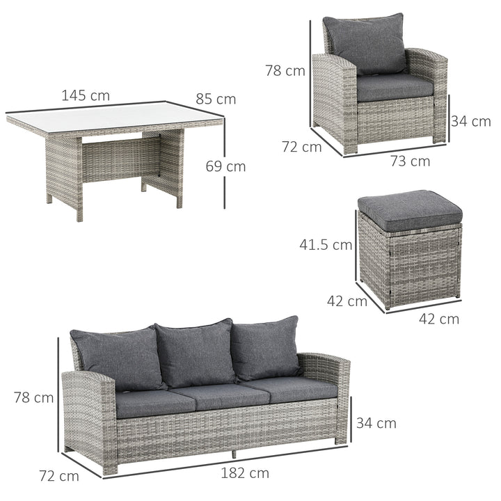 7-Seater Rattan Dining Set Sofa Table Garden Rattan Furniture Footstool Outdoor w/ Cushion, Grey