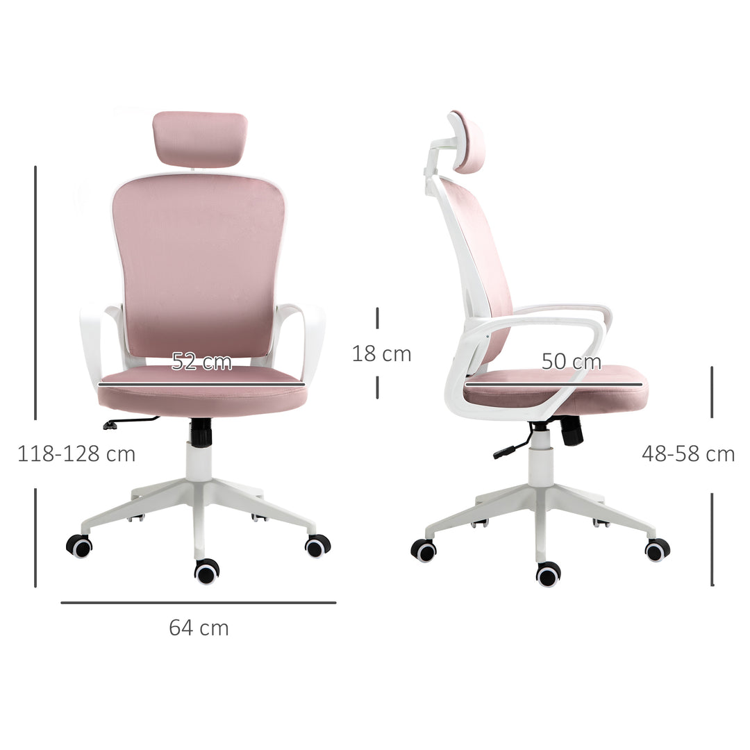 Vinsetto High-Back Office Chair Velvet Style Fabric Computer Home Rocking with Wheels, Rotatable Liftable Headrest, Pink