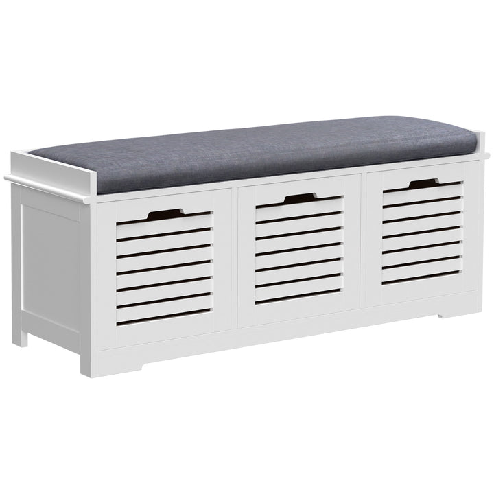 White Storage Bench with 3 Drawers & Removable Grey Seat Cushion Hallway Organisation furniture