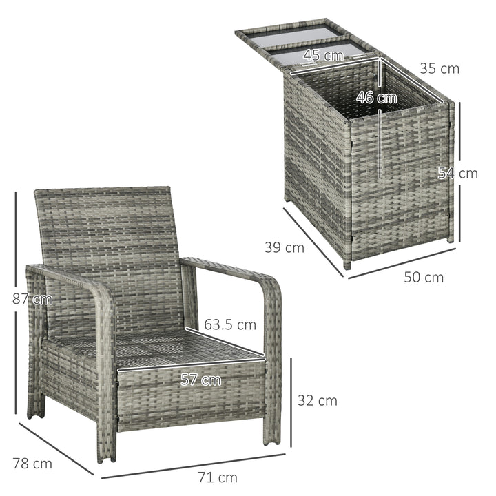 3 pcs PE Rattan Wicker Garden Furniture Patio Bistro Set Weave Conservatory Sofa Storage Table and Chairs Set Blue Cushion Grey Wicker