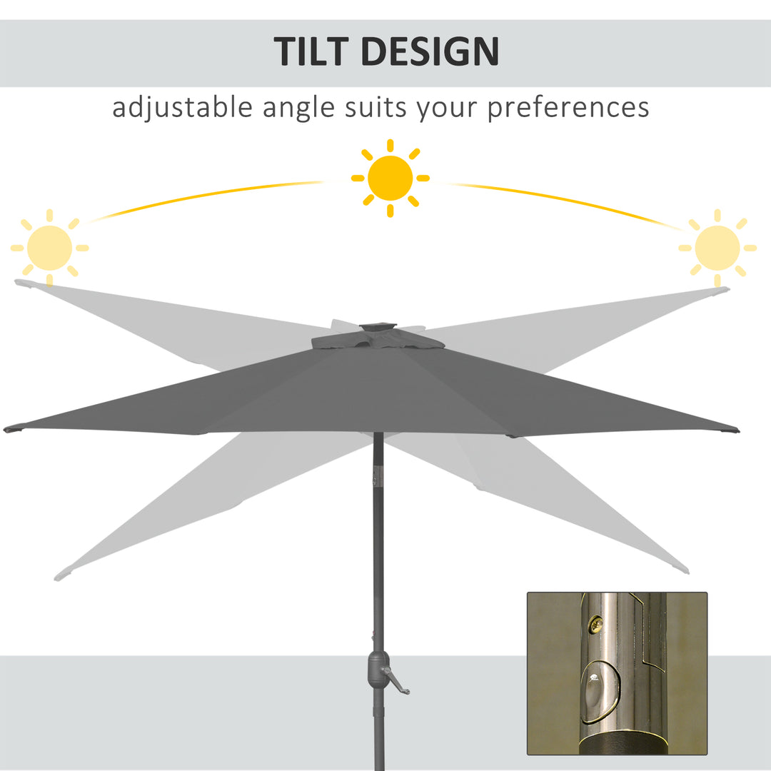 Outsunny 2.7m Garden Parasol, Patio LED Umbrella with Push Button Tilt/Crank 8 Rib Sun Shade for Outdoor Table Market Umbrella Grey