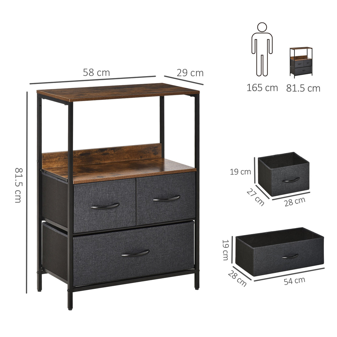 HOMCOM Chest of Drawers Bedroom Unit Storage Cabinet with 3 Fabric Bins for Living Room, Bedroom and Entryway, Black