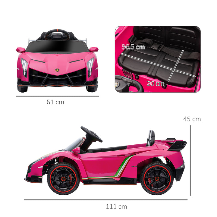 Lamborghini Veneno Licensed 12V Kids Electric Ride on Car with Butterfly Doors, Portable Battery, Powered Electric Car with Bluetooth, Remote, Music, Horn, Suspension, for 3-6 Years - Pink