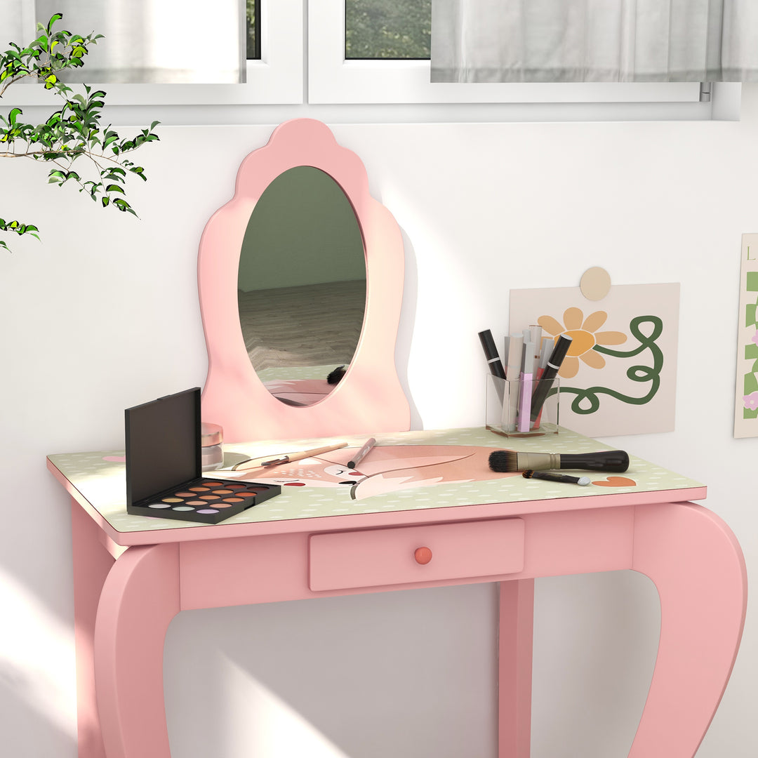 Kids Dressing Table with Mirror and Stool, Girls Vanity Table Makeup Desk with Drawer for 3-6 Years - Pink