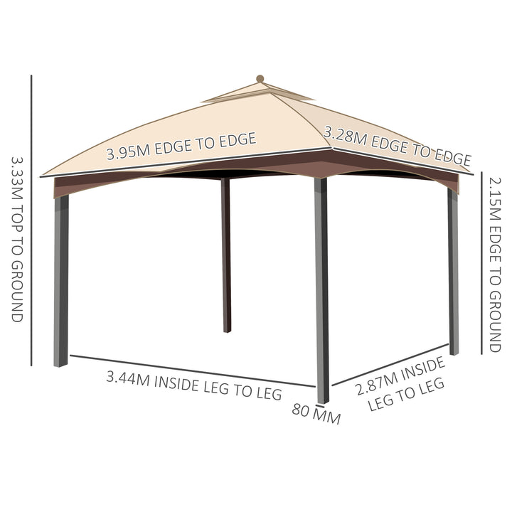 Outsunny 4 x 3(m) Patio Gazebo, Garden Canopy Shelter with Double Tier Roof, Removable Netting and Curtains for Lawn, Poolside, Khaki