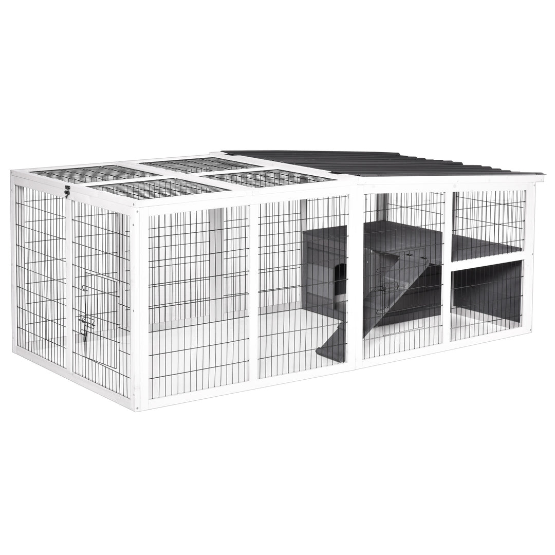 PawHut Indoor Outdoor Wooden Rabbit Hutch Small Animal Cage Rabbit Run Cover, with Hinge roof and Water-repellent Paint, Grey