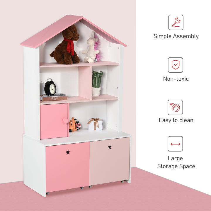 Kids Bookshelf Chest w/ Drawer with Wheels Baby Toy Wood Organizer Display Stand Storage Cabinet 80x34x130cm Pink